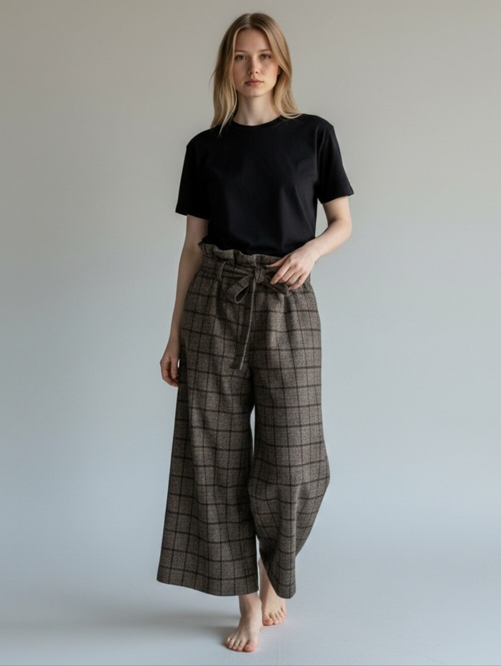 Molly Green large stretchy thick wide leg pants with belt brown checkered‎